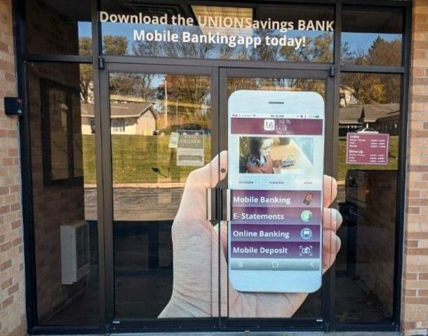 Window graphics promoting mobile banking application
