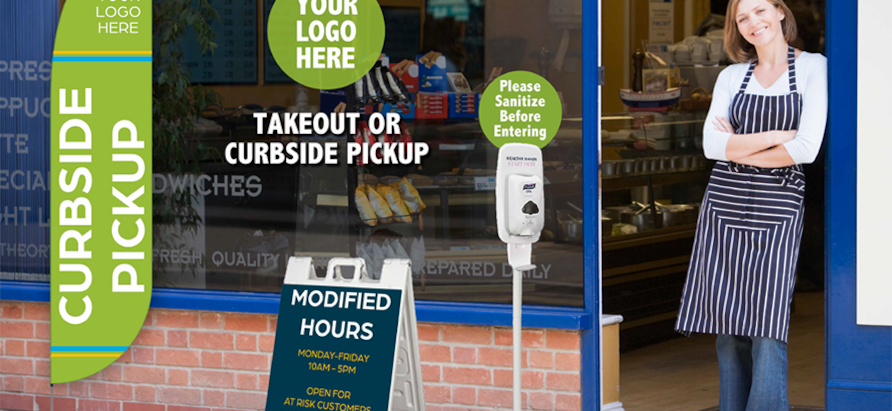 COVID-19 a frame sign and flag outside of business