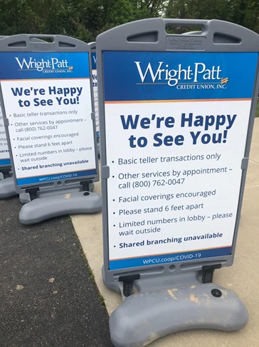 Wright Patt Credit Union | Signicade | Plastic Sandwich Board | Social Distancing Signs | A-frame Signs | Banking & Financial Institution Signs | Dayton, OH