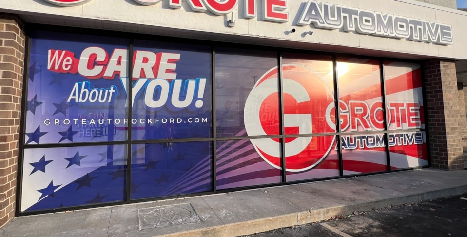 Perforated Window Graphics | Auto Dealerships & Repair Signs | Cherry Valley, IL | Vinyl | Grote Automotive | Window Graphics Rockford | Signs Cherry Valley Perforated Window Graphics | Auto Dealerships & Repair Signs | Cherry Valley, IL | Vinyl | Grote Automotive | Window Graphics Rockford | Signs Cherry Valley