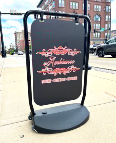 Custom Sign Printing | Restaurant & Food Service Signs | Rockford,IL | Aluminum | GoRockford | Ambiance Restaurant | Swing Signs | Rockford Signs