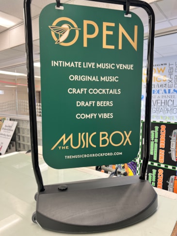 Custom Sign Printing | Entertainment & Club Signs | Rockford, IL | Aluminum | Music Box Rockford | The Music Box | River District Association | Aaron Branding | Swings Signs | GoRockford Custom Sign Printing | Entertainment & Club Signs | Rockford, IL | Aluminum | Music Box Rockford | The Music Box | River District Association | Aaron Branding | Swings Signs | GoRockford