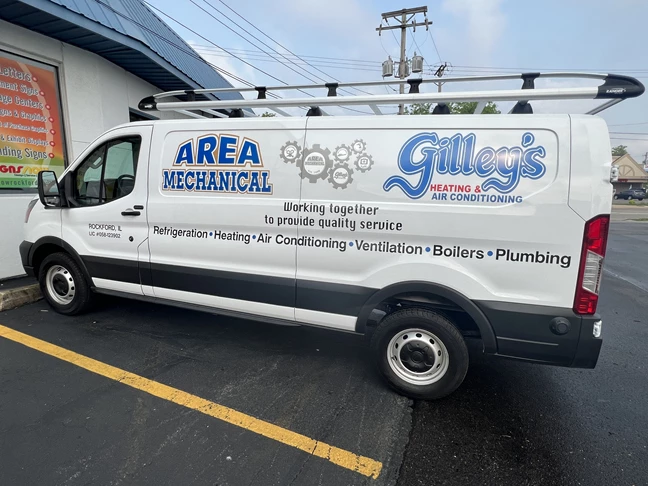 Vehicle Lettering | Professional Services Signs | Rockford, IL | Vinyl | Area Mechanical | Gilley's Heating & Air | Vehicle Wraps | Van Wraps | Truck Wraps | Vinyl Wraps | Vehicle Graphics 
