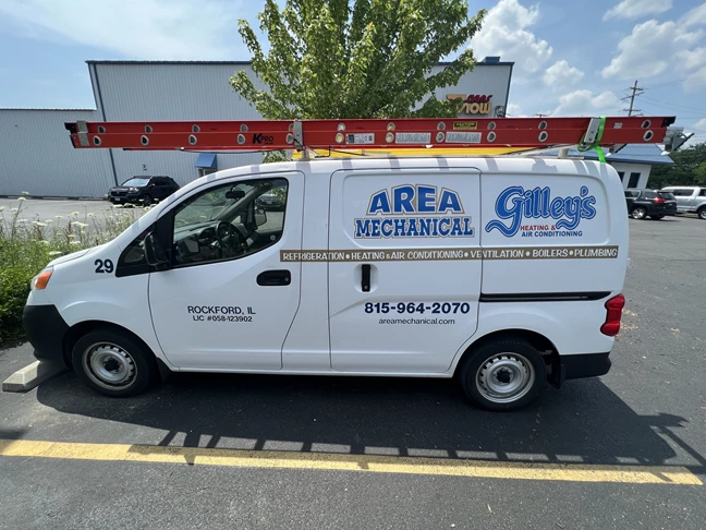 Vehicle Lettering | Professional Services Signs | Rockford, IL | Vinyl | Area Mechanical | Gilley's Heating & Air Conditioning | Van Wraps | Van Graphics | Custom Graphics | Vehicle Lettering | Decals | Custom Decals 