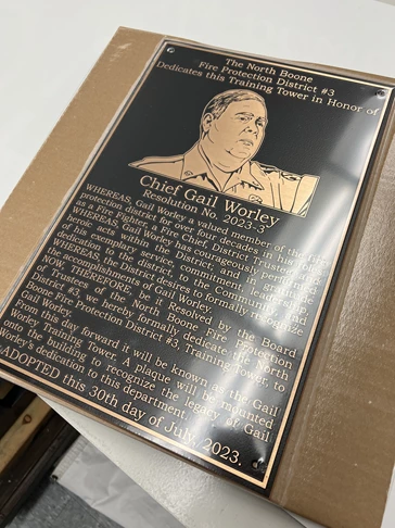 Custom Plaques | Government and Municipal Signs | Poplar Grove, IL | Metal | Custom Plaques | Chief Gail Worley | North Boone Fire Protection District #3 | Gail Worley Tower 