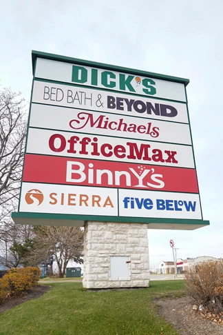 Pylon Signs | Retail Signs | Rockford, IL | Aluminum | Pylon Signs | Outdoor Signs | Office Max | Sierra | Five Below | Bed Bath & Beyond | Dick's | MIchaels | Exterior Signage | Outdoor Signs | LED Signs | Lighted Signage | Retail Signs